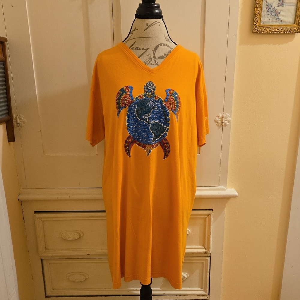 Rogest orange turtle motif St Thomas dress/beach cover Sz XL * 🎁